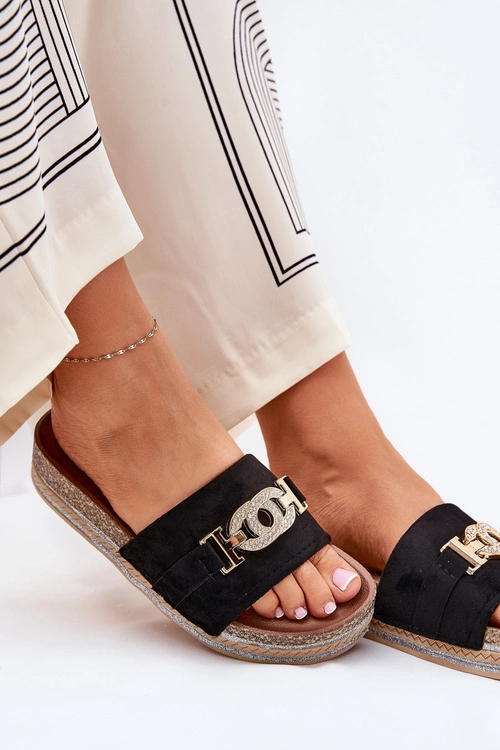 Klapki Damskie Ze Złotym Detalem Na Platformie Z Brokatem Czarne Eanes
