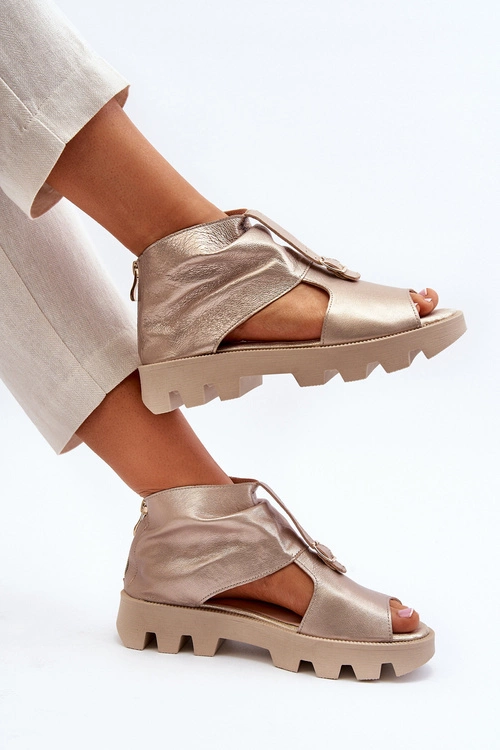 Zazoo 999 Skórzane Sandały Damskie Z Zamkiem Złote