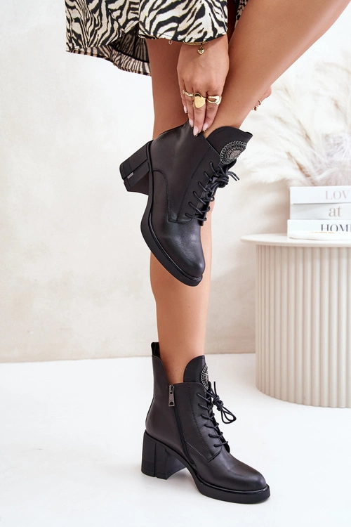 Ocieplane Botki Na Masywnym Obcasie Skóra Naturalna Czarne Vinceza 66676