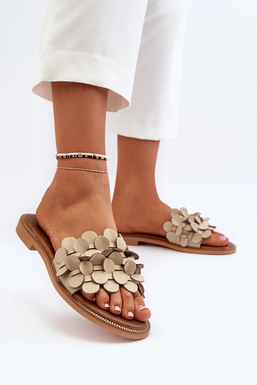 Zazoo 40381 Damskie Skórzane Klapki Na Płaskim Obcasie Beżowe