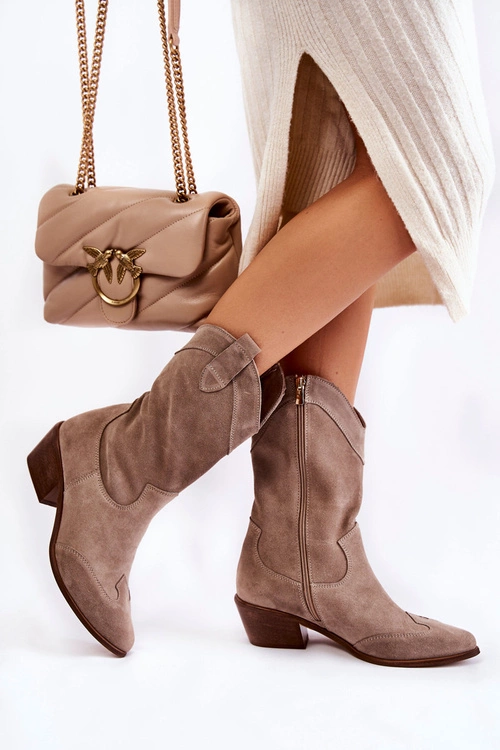 Zamszowe Kozaki Kowbojki Lewski Shoes 3198 Cappucino