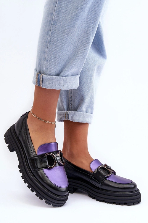 Półbuty Loafersy Damskie Skórzane Na Płaskim Obcasie Czarno-Fioletowe Elkiza