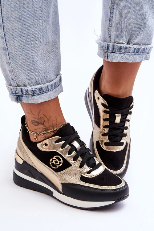 Damskie Sznurowane Buty Sportowe Na Koturnie Czarno-Złote Genova