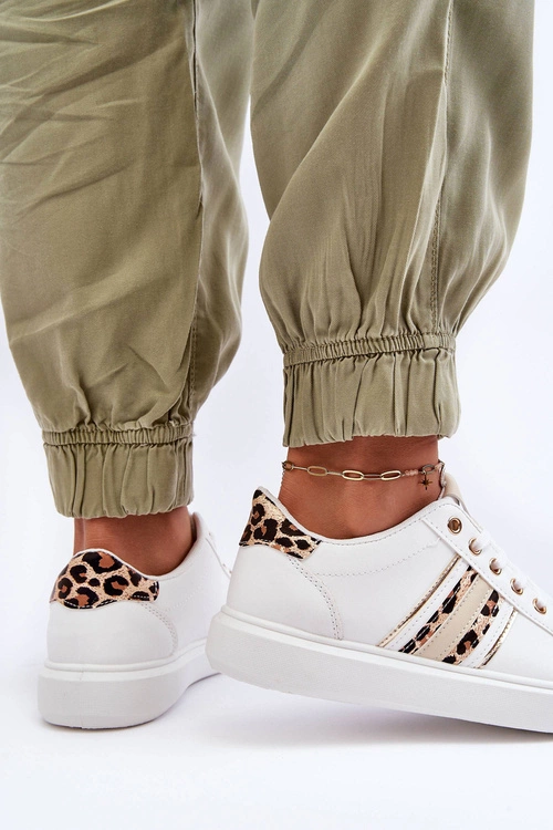 Skórzane Damskie Buty Sportowe Zwierzęcy Wzór Białe Rilee