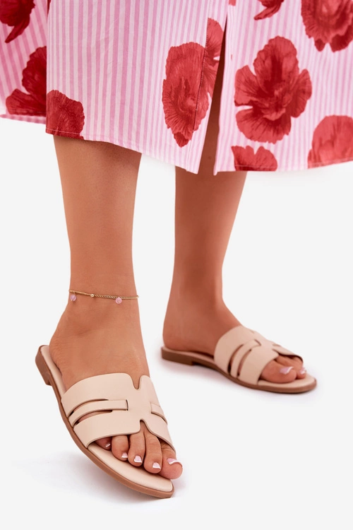 Klapki Damskie Na Płaskim Obcasie Z Wycięciami Eko Skórzane Beżowe Ecapus