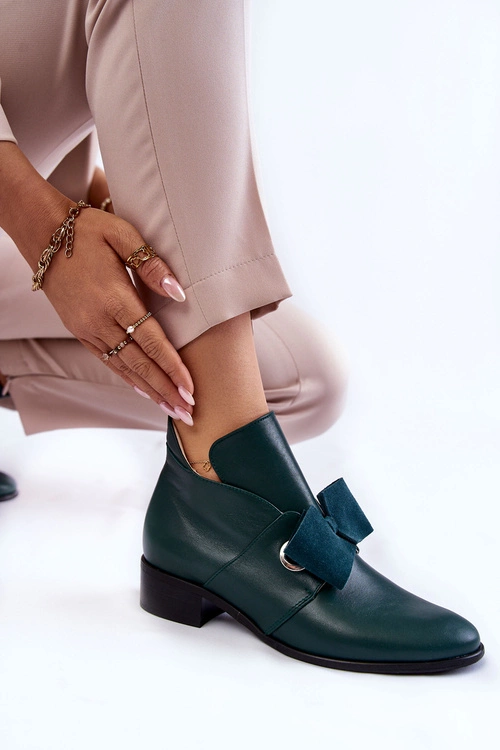 Skórzane Półbuty Z Zamszową Kokardką Zielone Thalia