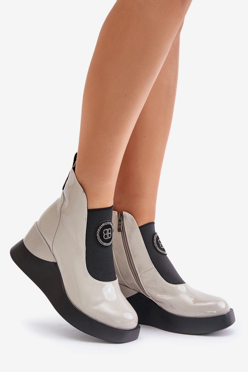 Skórzane Botki Na Koturnie D&A MR880-137 Jasnoszare