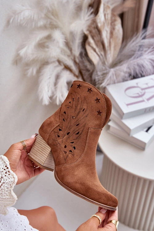 Ażurowe Botki Kowbojki Zamszowe Na Słupku Lewski 3613 Brązowe