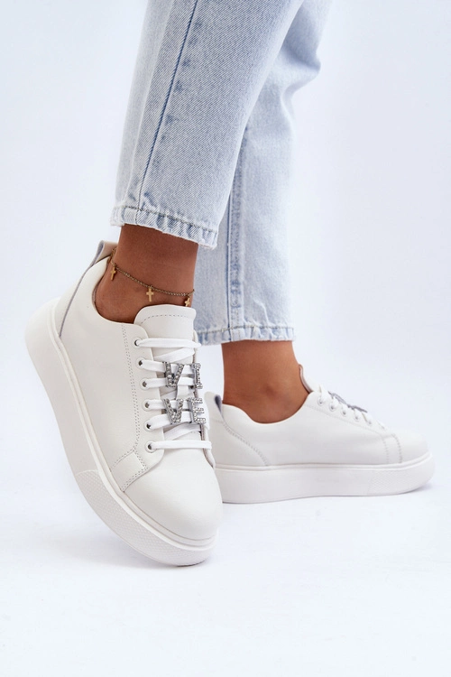 Damskie Sneakersy Skórzane Z Ozdobami Białe Dysuria