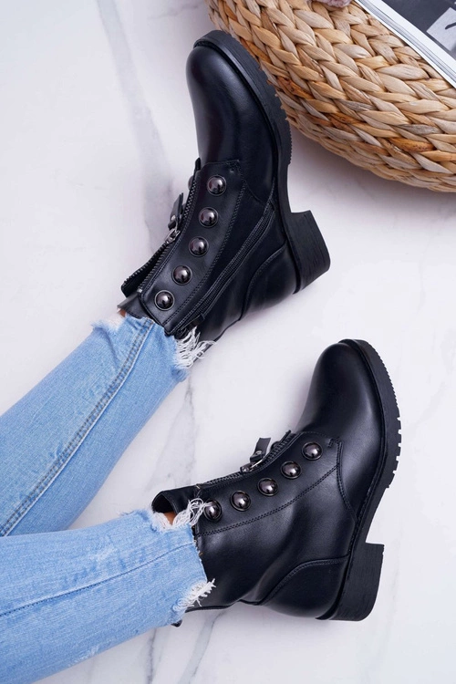 Botki Damskie Płaski Obcas Wysokie Czarne Yulio