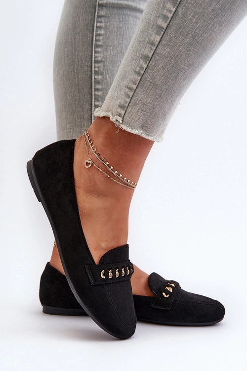 Błyszczące Mokasyny Damskie Z Łańcuchem Czarne Aredilla