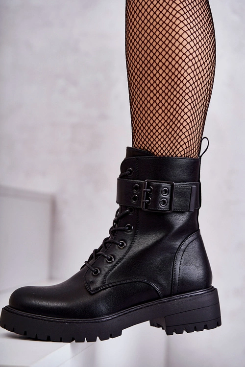 Damskie Botki Sznurowane Na Płaskim Obcasie Czarne Firmina