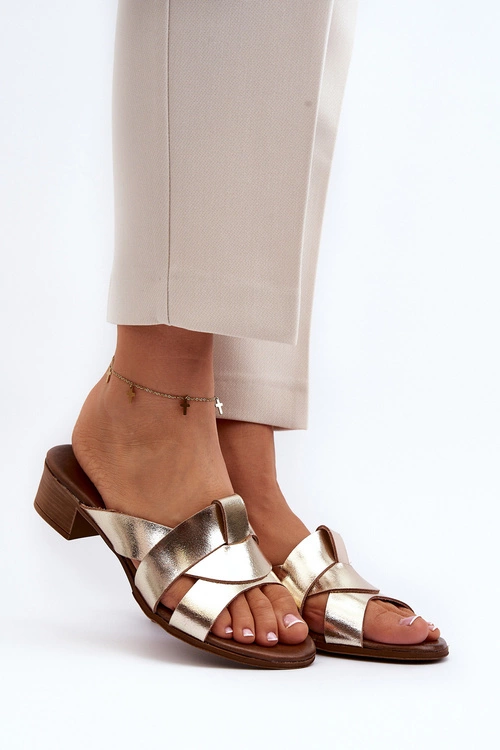 Zazoo 40236 Skórzane Klapki Damskie Na Niskim Obcasie Złote