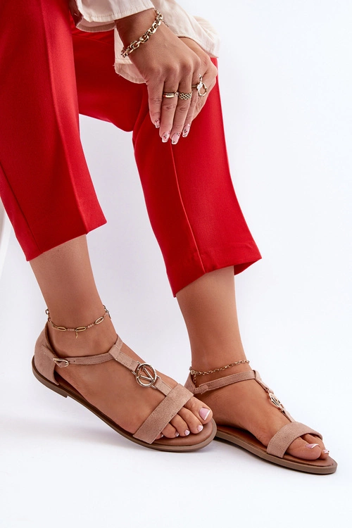 Płaskie Sandały Damskie Ze Złotą Ozdobą Vinceza 17321 Beżowe