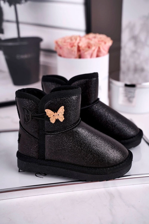 Ocieplane dziecięce botki śniegowce z motylkiem czarne Cosmic