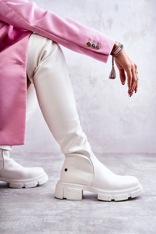 Skórzane Kozaki Za Kolano Na Płaskim Obcasie GOE KK2N4022 Białe