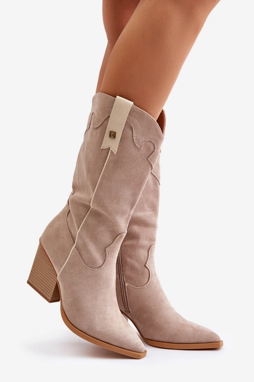 Ocieplane Kozaki Kowbojki Na Słupku Eko Zamszowe Beżowe Hanivin