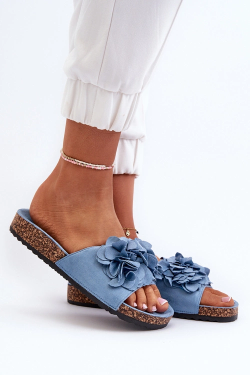 Klapki Damskie Na Korkowej Platformie Z Eko Zamszu Niebieskie Jaihini