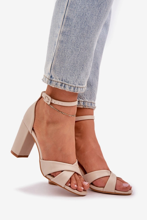 Sandały Na Słupkowym Obcasie Z Eko Skóry Beżowe Lanaria