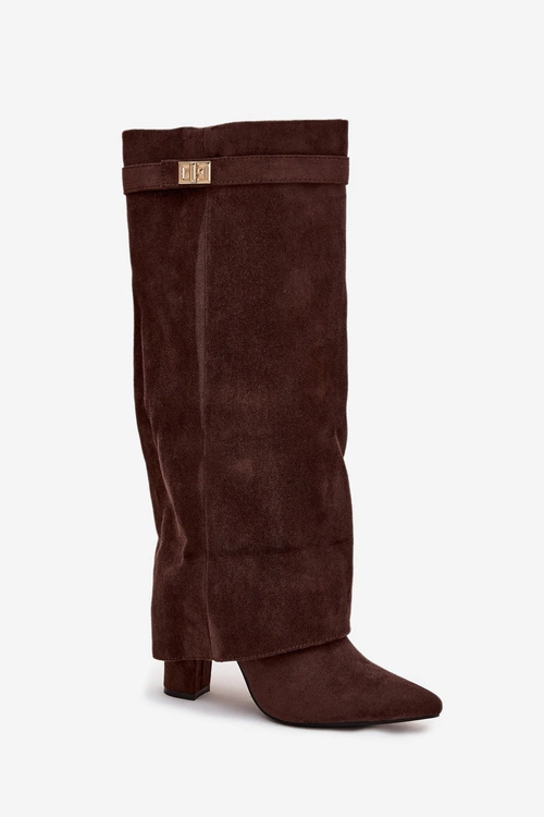 Kozaki Eko Zamszowe Obcas Słupek Na Zamek Ocieplane Wywinięta Cholewka Czekoladowe Evyra