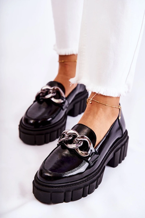 Damskie Półbuty Loafery Skórzane Czarno-Srebrne Laura Messi 2339