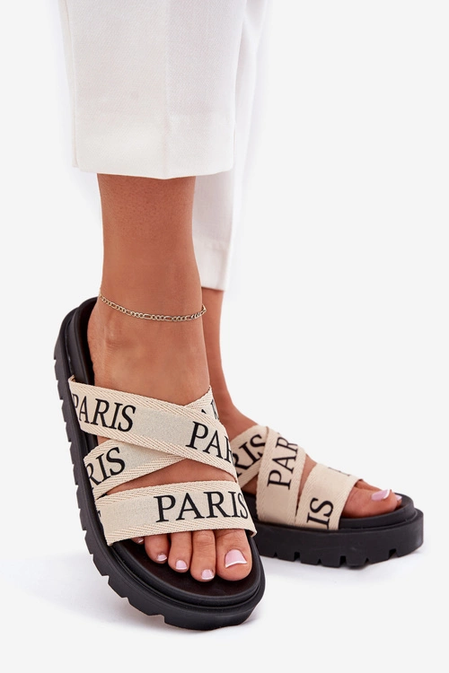 Klapki Damskie Z Materiałowymi Paskami Paris Na Platformie Beżowe Celinea