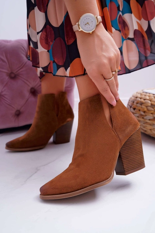 Botki Damskie Na Obcasie Wiosenne Skóra Zamsz Brązowe Nicole 2430