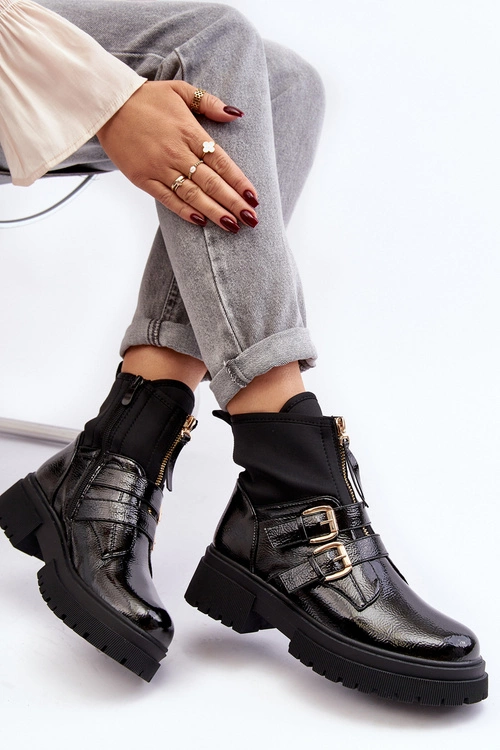 Lakierowane Botki Damskie Na Płaskim Obcasie Czarne Rellisa