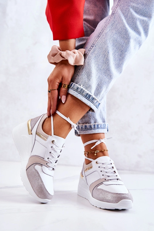 Skórzane Buty Sportowe Na Koturnie Biało-Szare Rayana