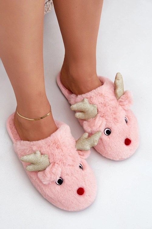 Kapcie Świąteczne Z Motywem Renifera Futrzane Różowe Asielle