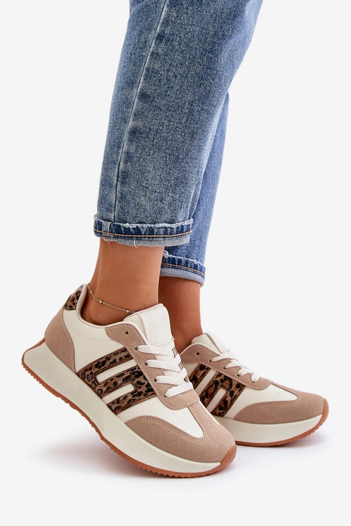 Sneakersy Buty Sportowe Na Platformie Panterka Damskie Beżowe Thari