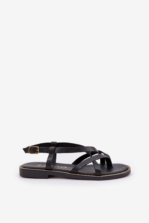 Skórzane Płaskie Sandały Z Przeplatającymi Się Paseczkami Zazoo 40429 Czarne