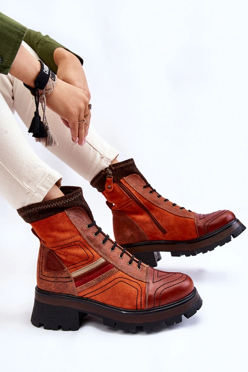 Damskie Skórzane Botki Na Płaskim Obcasie Maciejka 05624-08 Pomarańczowo-Brązowe