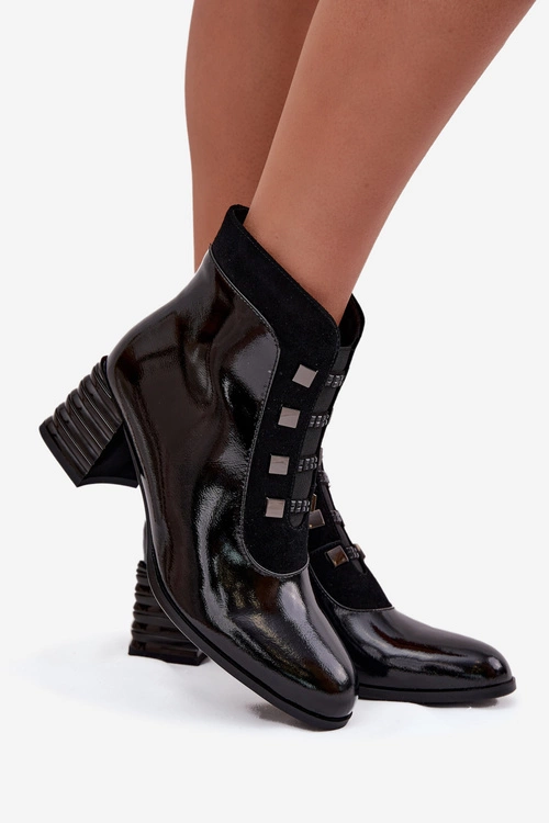 Skórzane Lakierowane Botki Damskie Na Słupku D&A MR52-144 Czarne