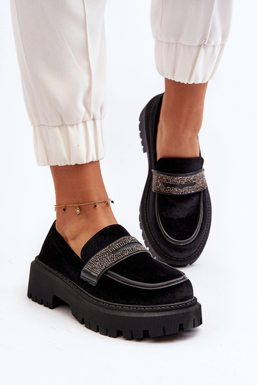 Damskie Welurowe Mokasyny Z Ozdobą Czarne Wendreda