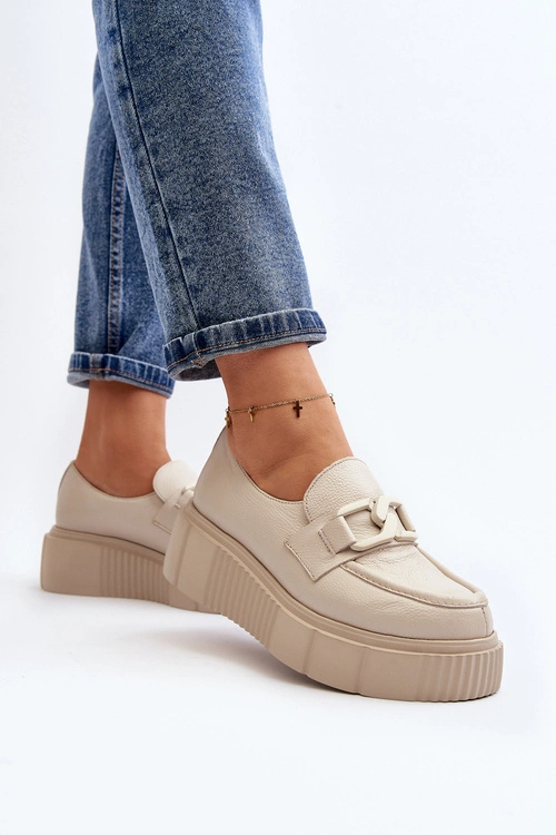 Zazoo 20101 Modne Skórzane Półbuty Na Platformie Jasnobeżowe