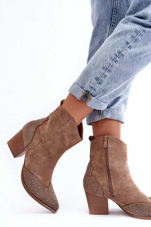 Damskie Zdobione Botki Kowbojki Na Słupku Beżowe Eleduana