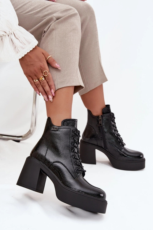Lakierowane Skórzane Botki Damskie Na Platformie I Słupku Vinceza 66817 Czarne