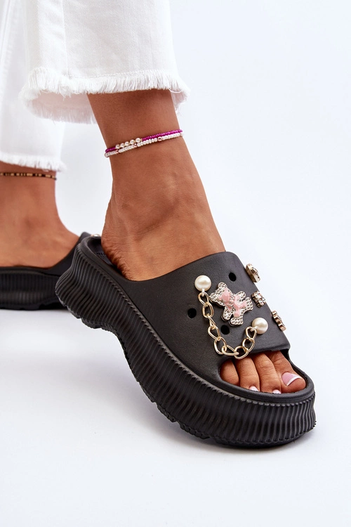 Damskie Piankowe Klapki Z Ozdobami Czarne Afariana