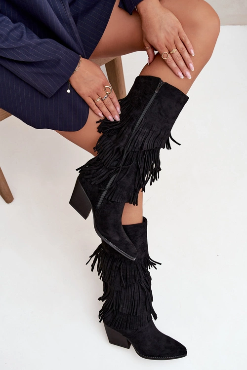 Ocieplane Kozaki Kowbojki Damskie Z Frędzlami Czarne Brivina