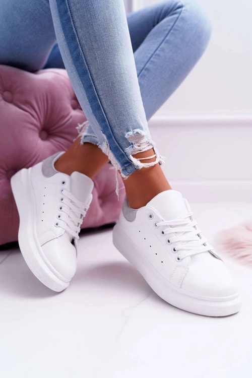 Sportowe Damskie Buty Gruba Podeszwa Białe Szare Skirt