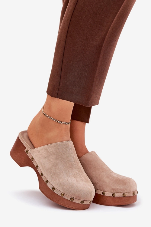 Chodaki Klapki Damskie Z Ćwiekami Eko Zamszowe Beżowe Ellason