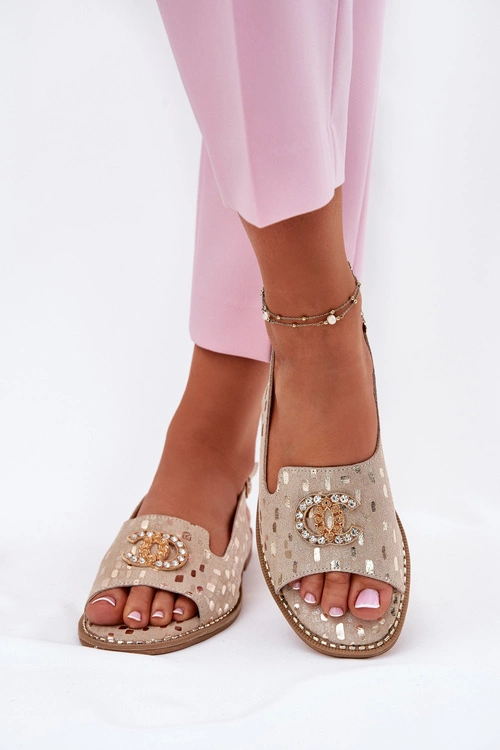 Skórzane Sandały Z Ozdobą Na Płaskim Obcasie S.Barski KV51-096 Złote