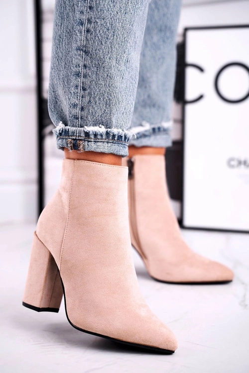 Botki Damskie na Słupku Zamszowe Beżowe Sharks