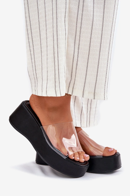 Klapki Damskie Z Transparentnym Paskiem Na Koturnie Czarne Meltiana