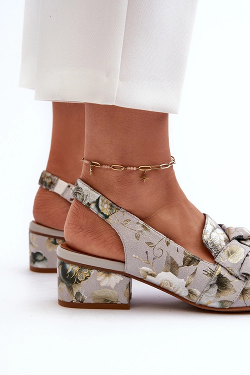 Damskie Skórzane Sandały Na Niskim Obcasie W Kwiaty Maciejka N6539-38 Zielone