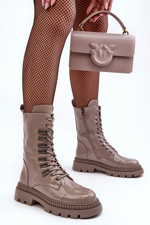 Lakierowane Damskie Botki Workery Sznurowane Ciemnobeżowe S.Barski MR870-72