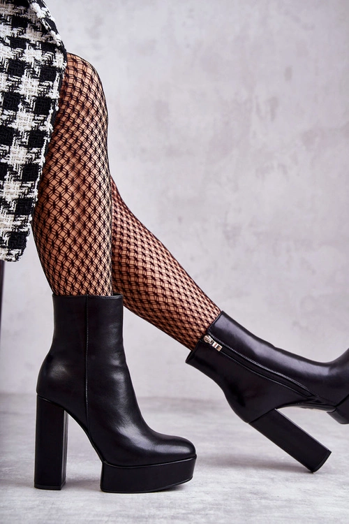 Skórzane Gładkie Botki Na Słupku Czarne Kaysa