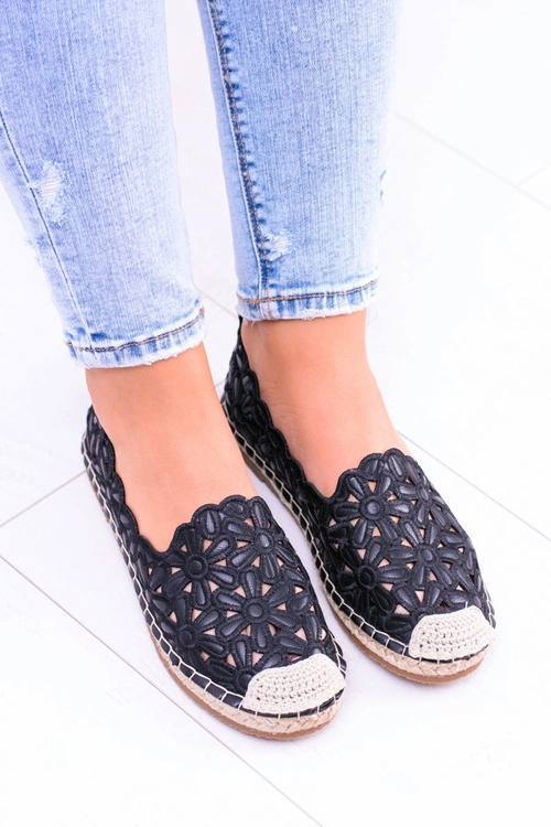 Lu Boo Damskie Baleriny Czarne Espadryle w Kwiaty Macarena