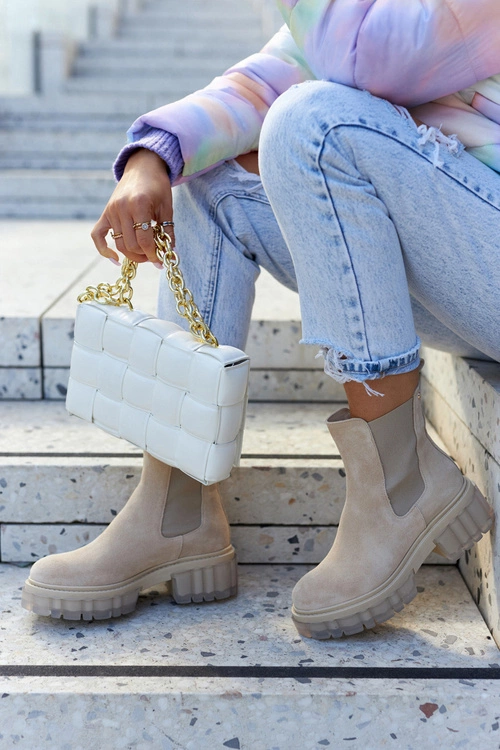 Zamszowe Damskie Botki Workery Jasnobeżowe Kennel